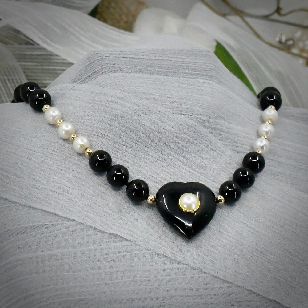 Vintage 14K Gold Black Onyx Heart Pearl Beaded Necklace 20" 8mm 32.2g Estate